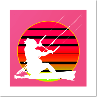 Retro Sunset KiteSurfer Riding A Wave White Silhouette Posters and Art